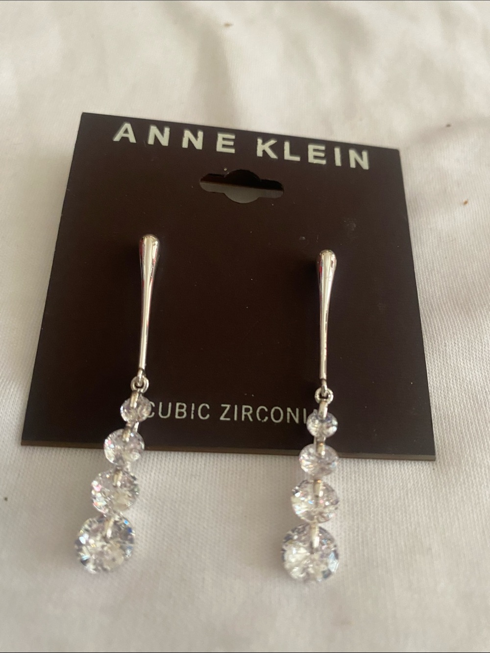 Anne Klein Silver-Tone Linear Drop Earrings with Clear Stones